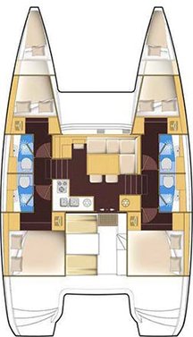 Catamaran yacht layout plan with cabin and salon arrangement